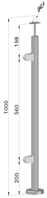 Nerezový sloup, vrchní kotvení, výplň: sklo, levý, vrch pevný (ø42,4x2 mm), broušená nerez K320 / AISI304