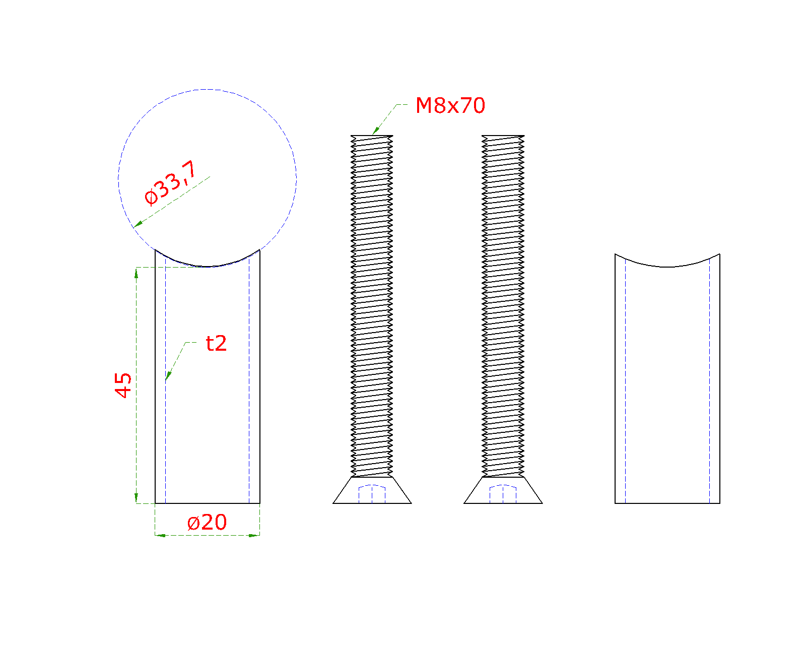Přechod na vymezení vzdálenosti mezi sloupem ø 33,7 mm a kotevní deskou, ø 20x2,0 mm /L:45 mm, vnitřní šroub: M8x70 mm, broušená nerez K320 / AISI304, bal: 2ks
