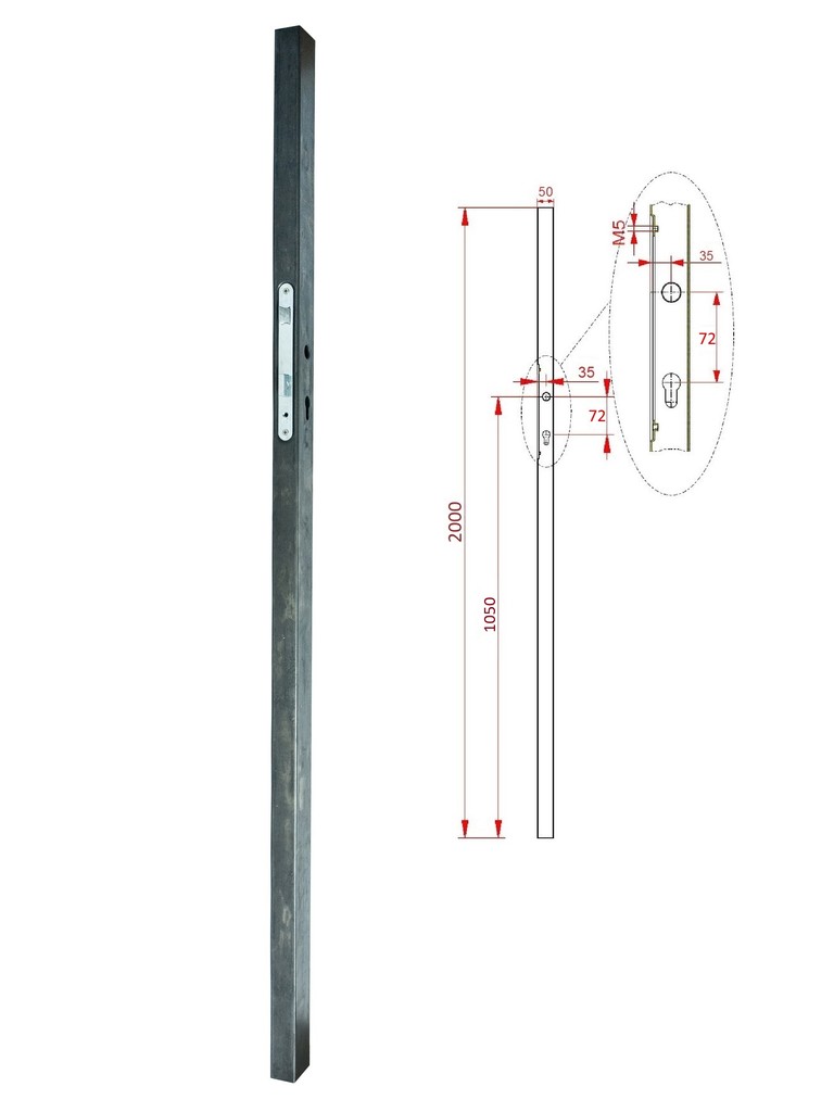 Profil 50x30x1,5 mm H-2000 mm se zámkem, vhodný pro rám branky, bez povrchové úpravy, zámek nemá predlisovaný profil pro zápust