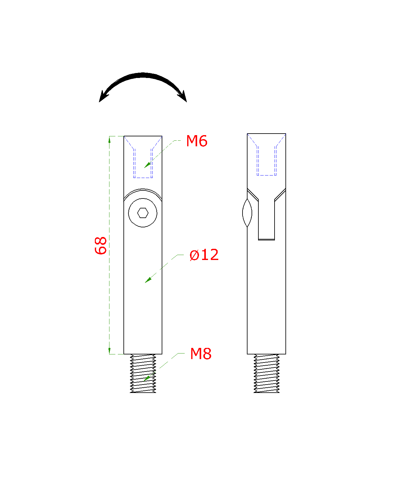 Čep s kloubem (vnější závit M8 - vnitřní závit M6, ø 12 mm, L: 68 mm), broušená nerez K320 / AISI304