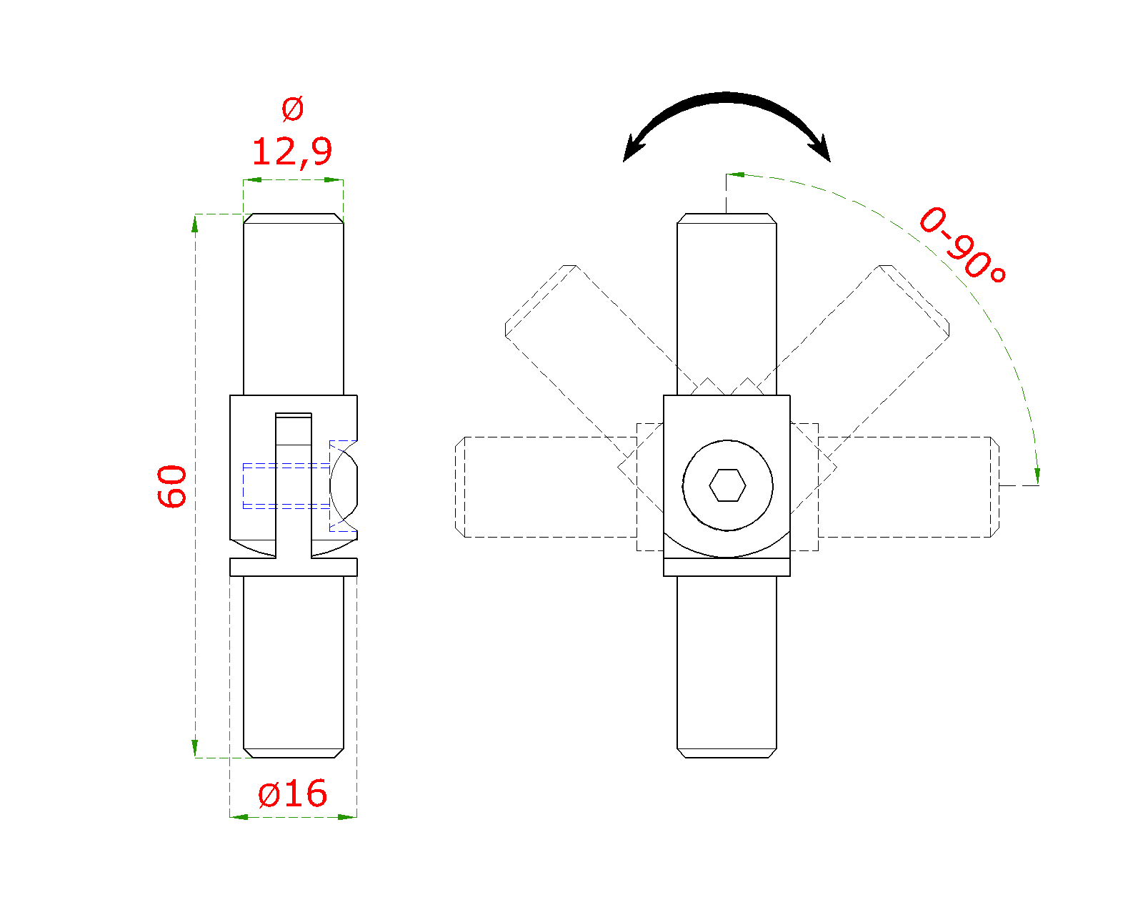Spoj nastavitelný (0-100°) plný materiál, s kloubem na trubku ø 16 mm, broušená nerez K320 / AISI304
