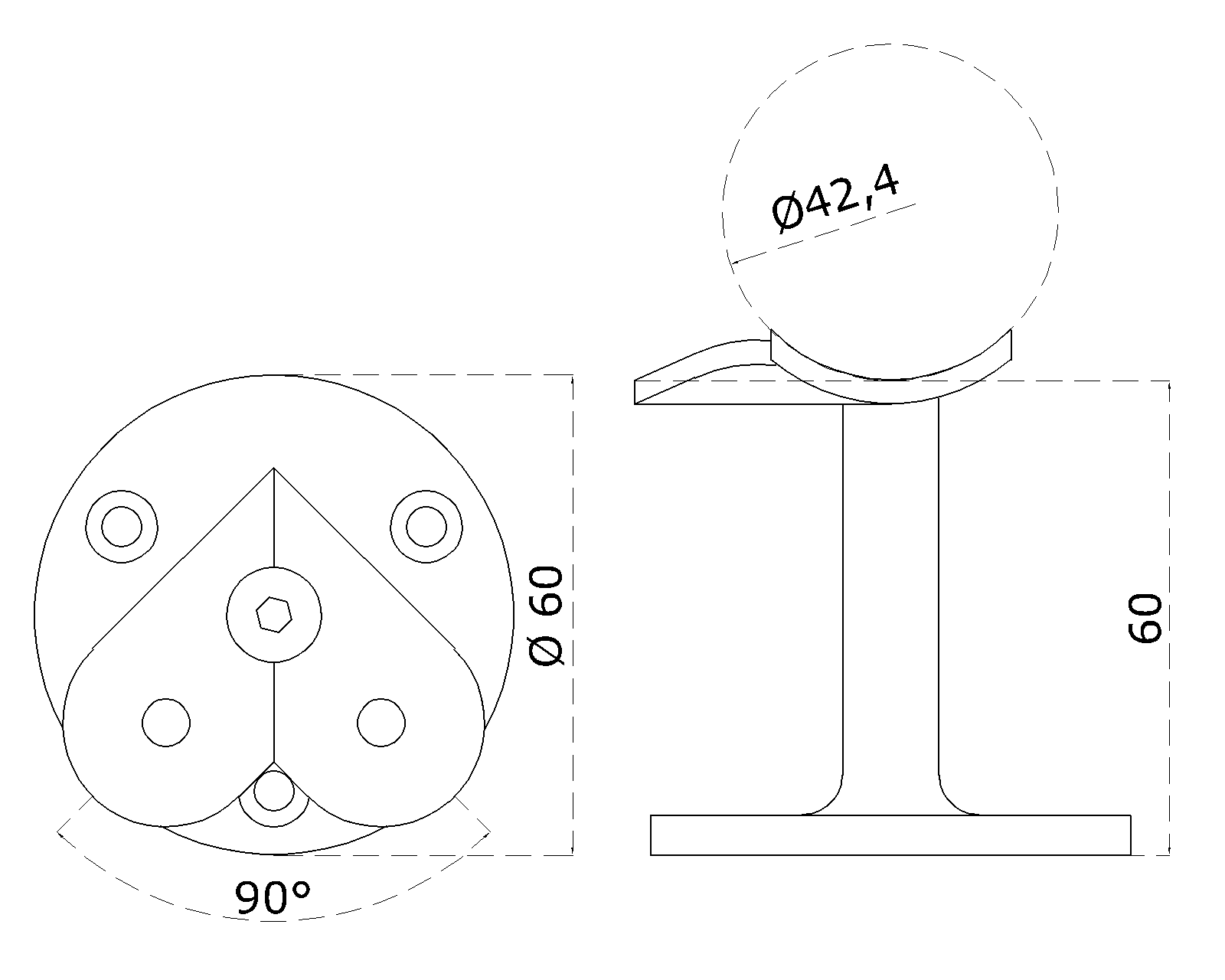 Držák madla (90 ° úhel) na trubku ø 42.4 mm, broušená nerez K320 / AISI30