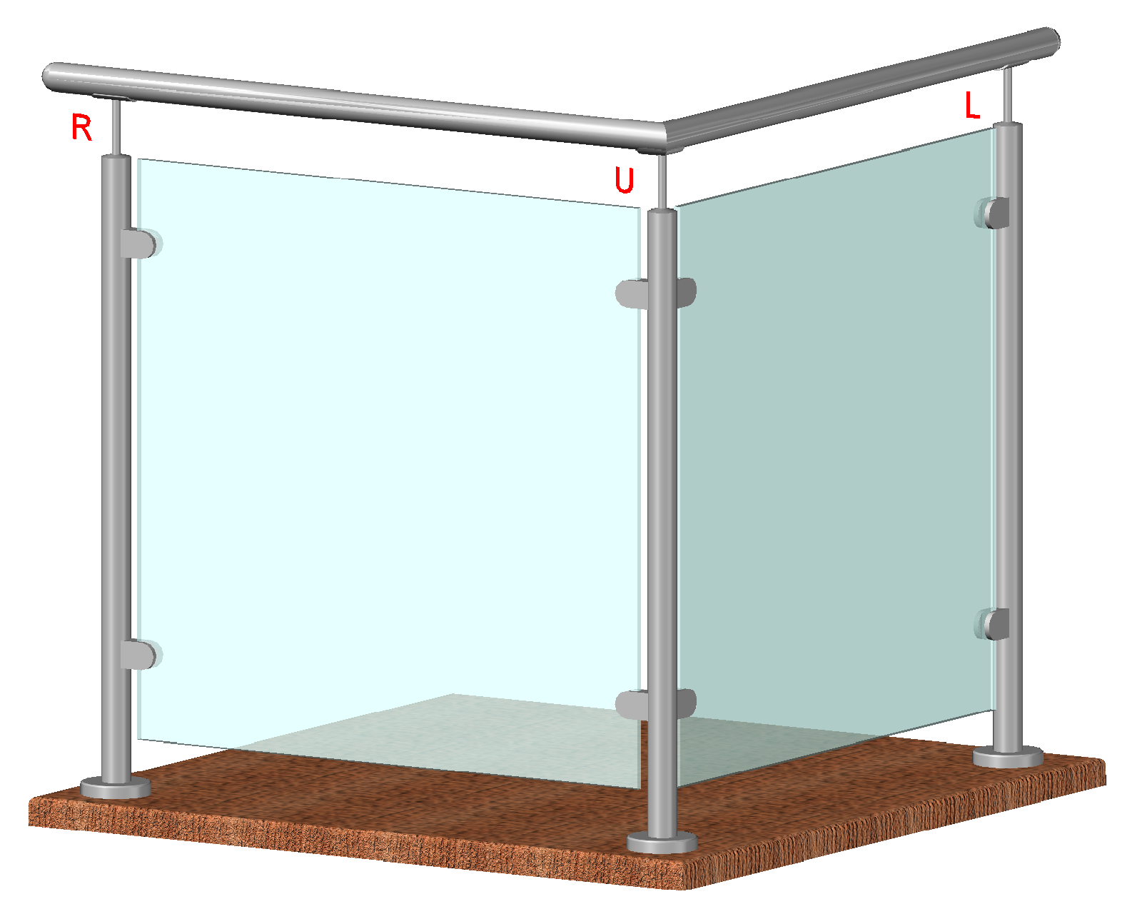 Nerezový sloup, vrchní kotvení, výplň: sklo, rohový: 90°, vrch pevný (ø42,4x2 mm), broušená nerez K320 / AISI304