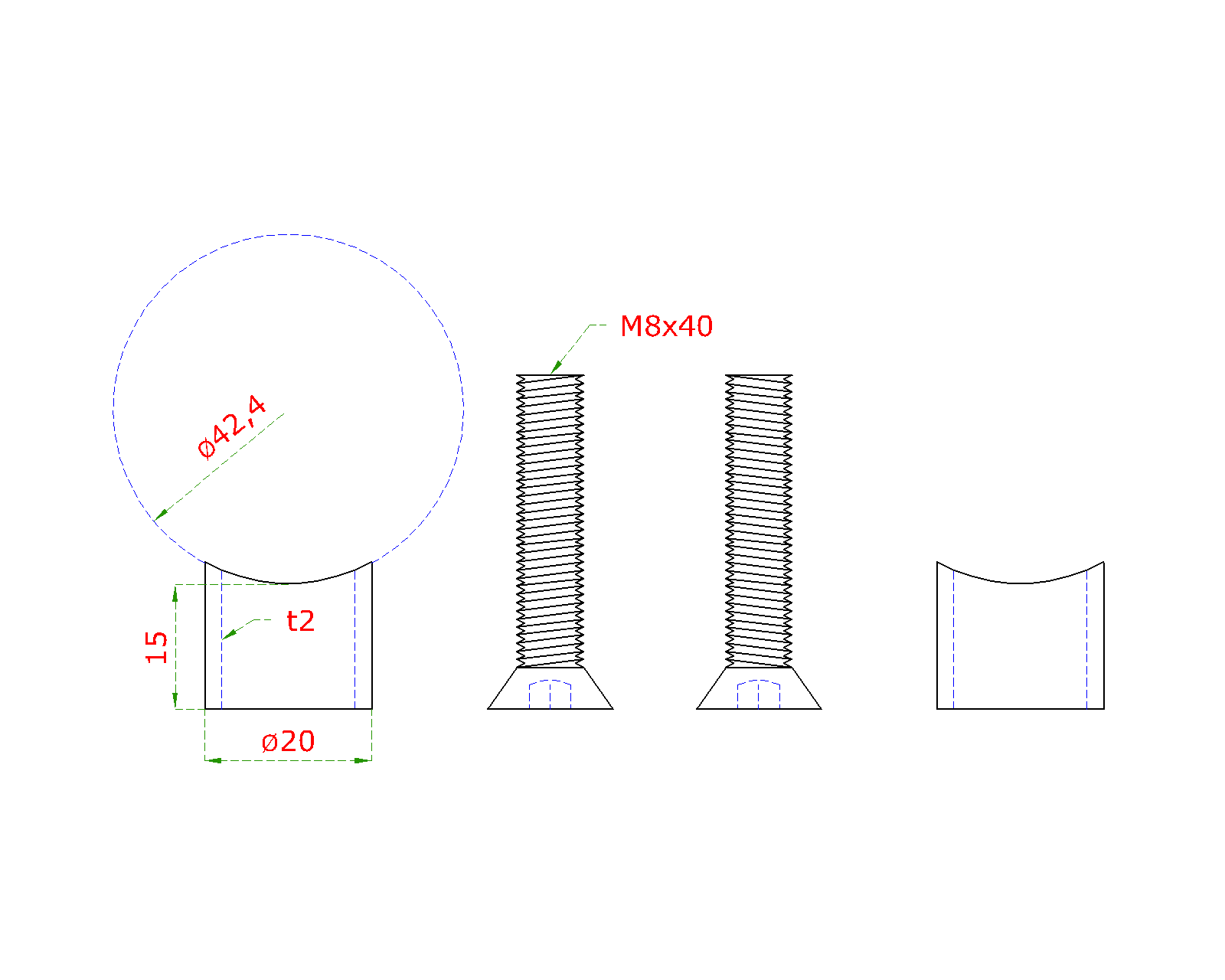Přechod na vymezení vzdálenosti mezi sloupem ø 42,4 mm a kotevní deskou, ø 20x2,0 mm /L:15 mm, vnitřní šroub: M8x40 mm, broušená nerez K320 / AISI304, bal: 2ks
