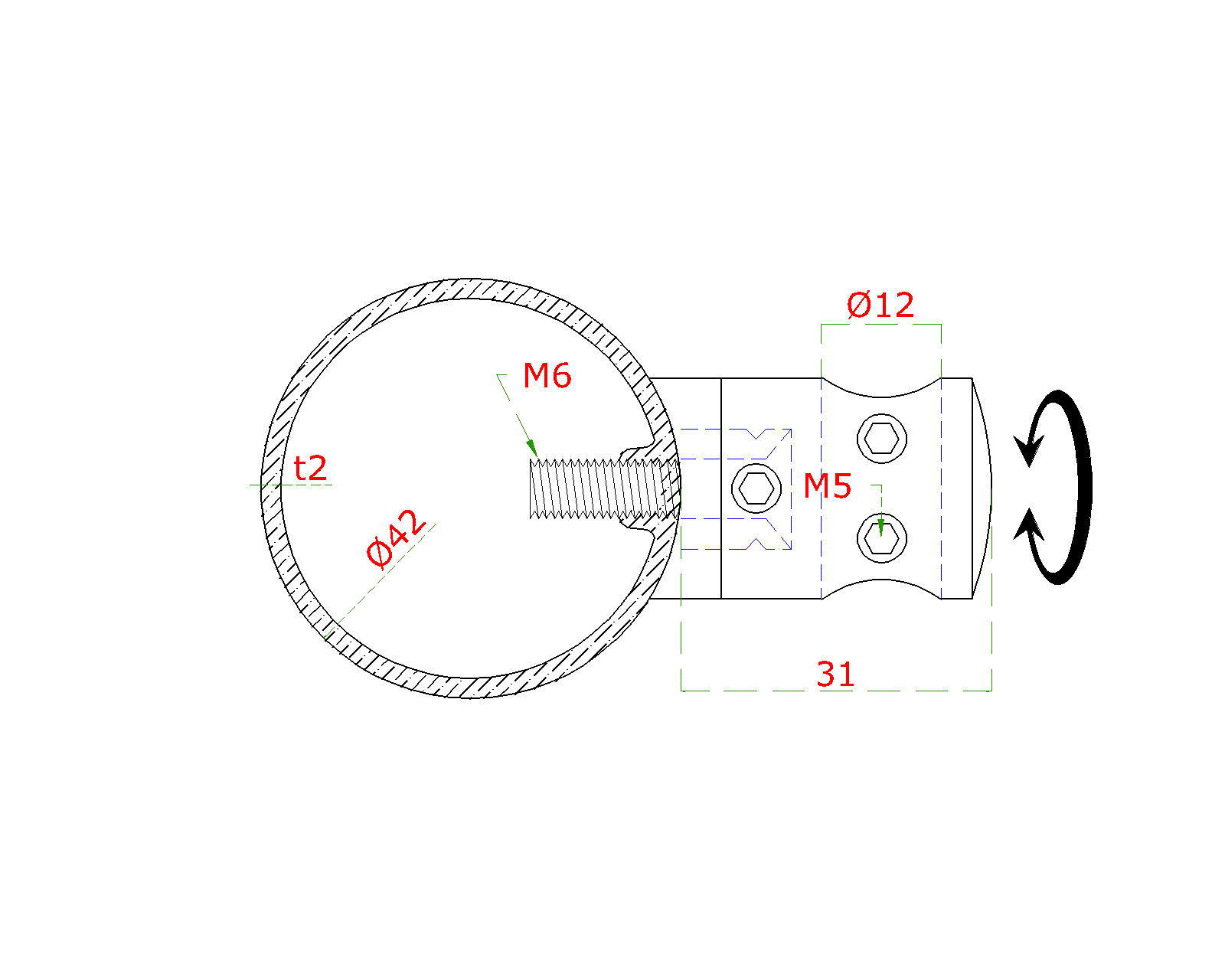 Držák tyče spojovací ø 14 mm přechodný na trubku ø 42.4 mm (30x22 mm), broušená nerez K320 / AISI304