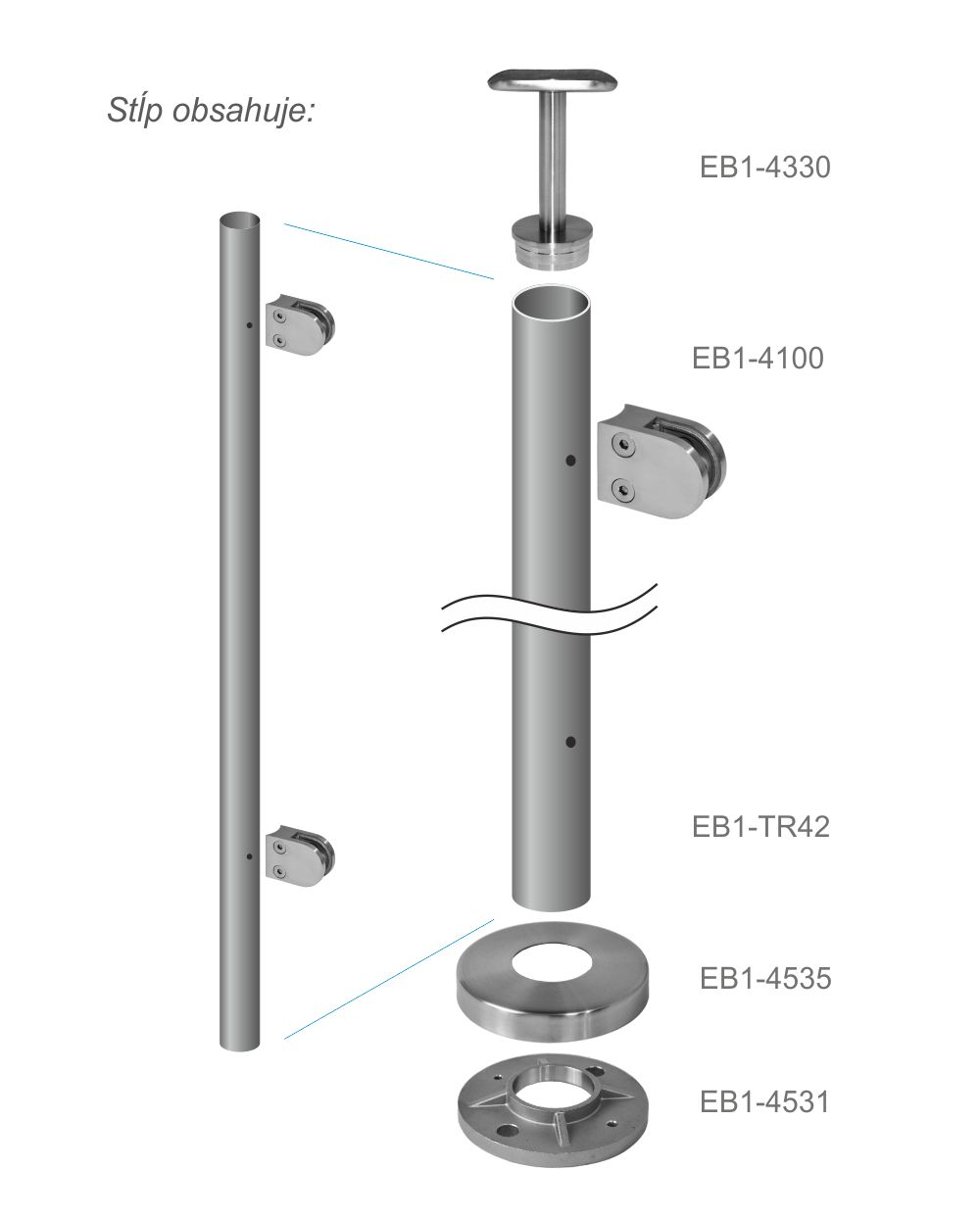 Nerezový sloup, vrchní kotvení, výplň: sklo, levý, vrch pevný (o42,4x2 mm), broušená nerez (3)