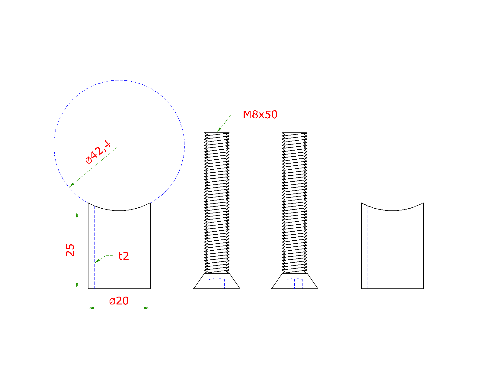 Přechod na vymezení vzdálenosti mezi sloupem ø 42,4 mm a kotevní deskou, ø 20x2,0 mm /L:25 mm, vnitřní šroub: M8x50 mm, broušená nerez K320 / AISI304, bal: 2ks