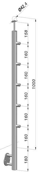 Nerezový sloup, boční kotvení, 5 řadový průchodný, venkovní, vrch pevný (ø 42,4x2 mm), broušená nerez K320 / AISI316