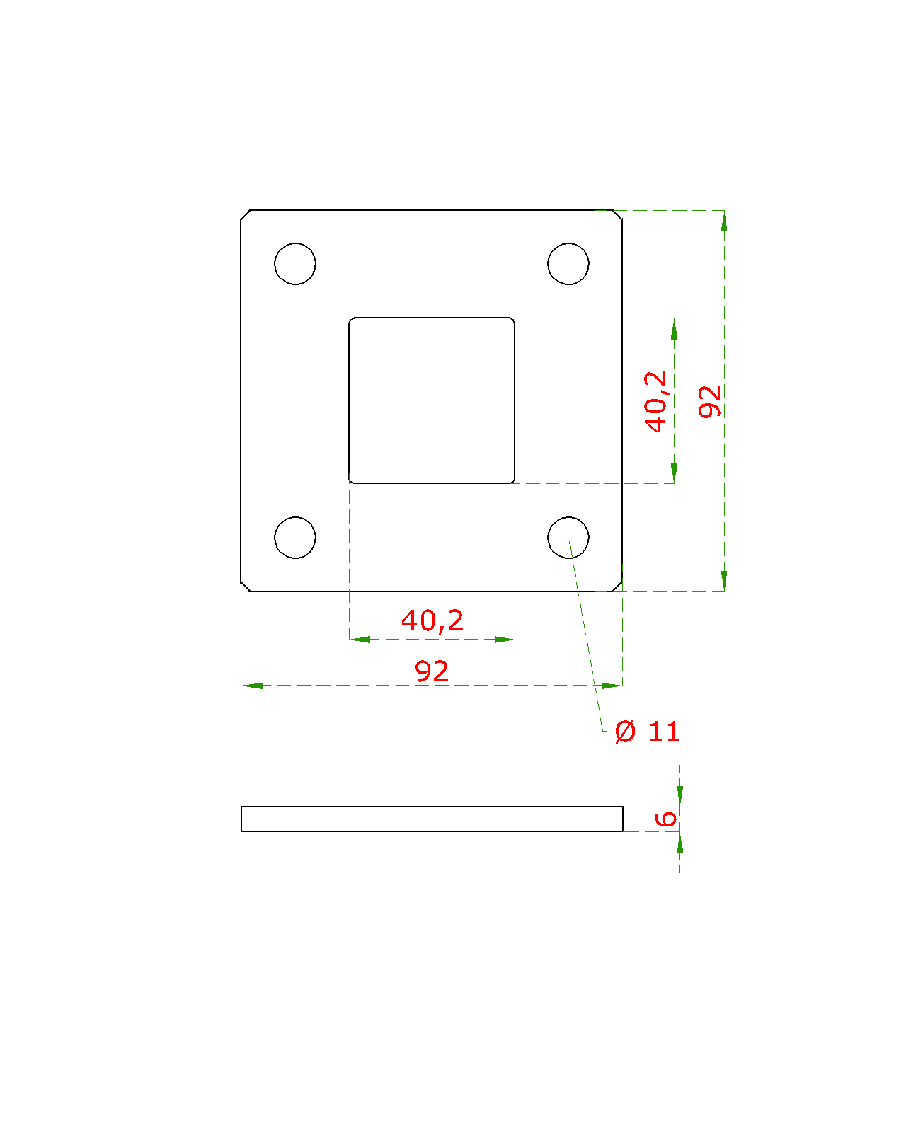 Kotevní deska (92x92mm), otvor: 40.2x40.2mm, broušená nerez K320 / AISI304