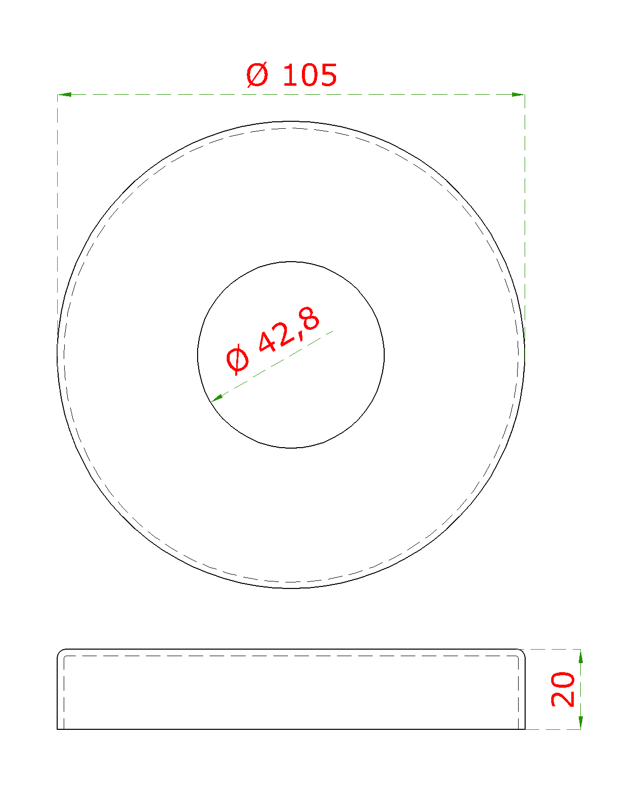 Kryt příruby (ø 105/20 mm) na trubku ø 42,4 mm (otvor ø 43 mm), nerez broušená K320 / AISI304