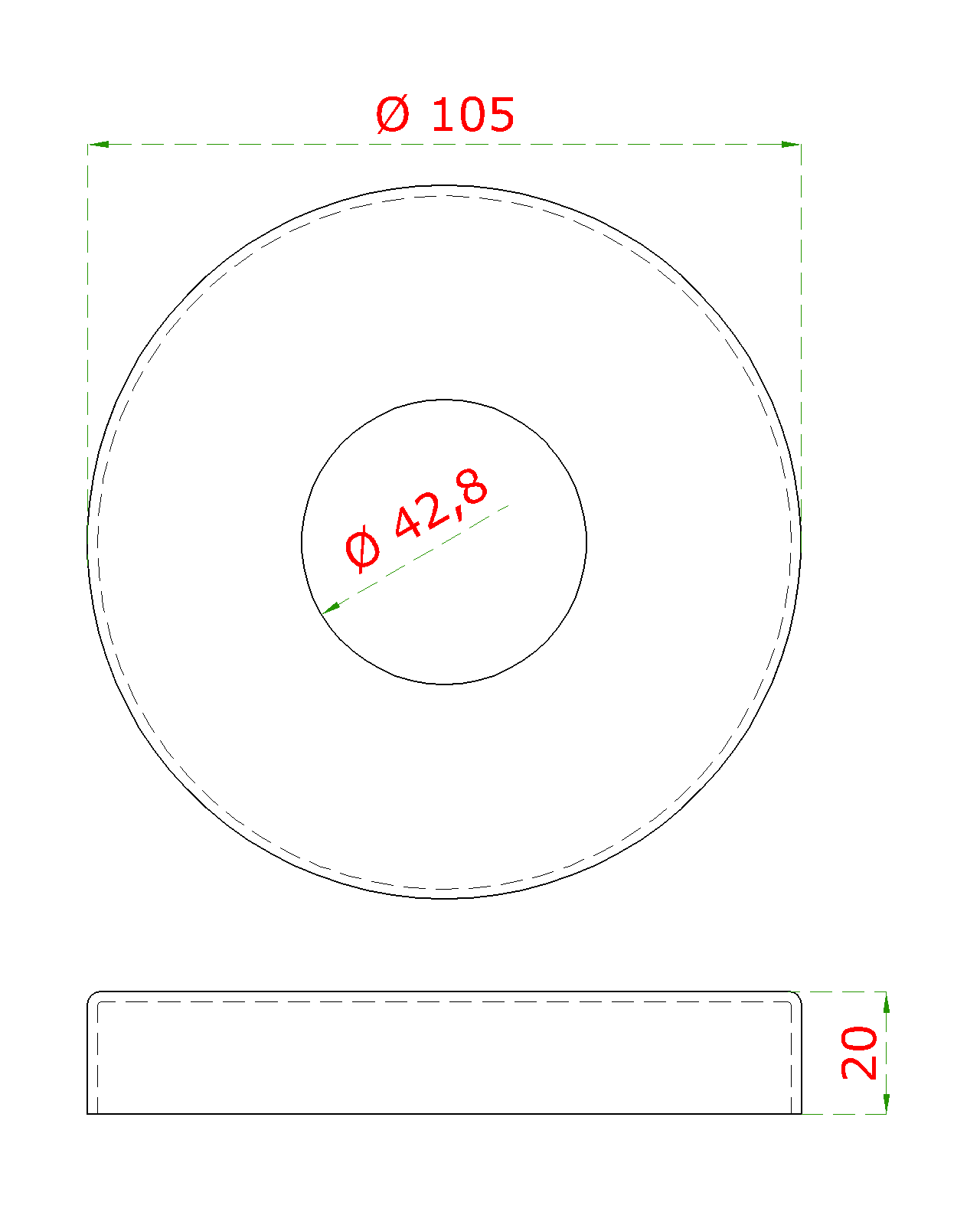 Kryt příruby (o 105/20 mm) na trubku o 42,4 mm (otvor o 43 mm), nerez broušená K320 / AISI (1)