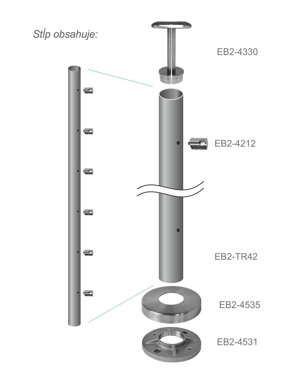 Nerezový sloup, vrchní kotvení, 6 řadový průchodný, vrch pevný (o42,4x2 mm), broušená nere (3)