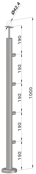 Nerezový sloup, vrchní kotvení, 4 řadový průchodný, vrch pevný (ø 42,4x2 mm), leštěná nerez / AISI304