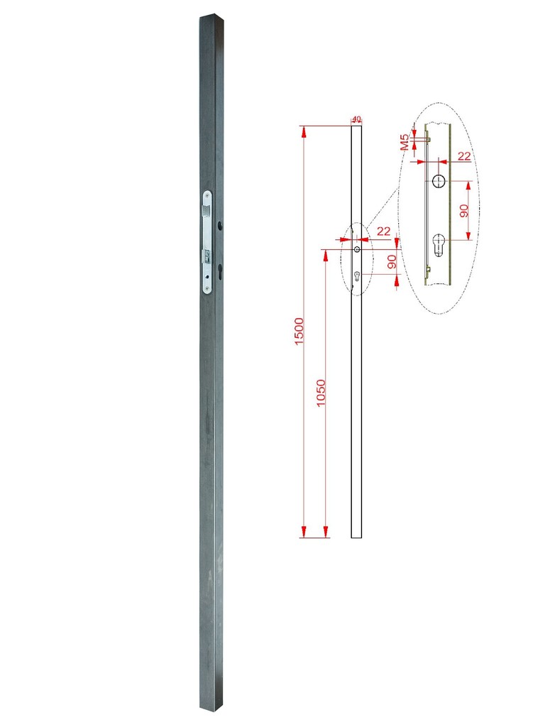 Profil 40x40x1,5 mm, H-1500 mm se zámkem, vhodný pro rám branky, bez povrchové úpravy