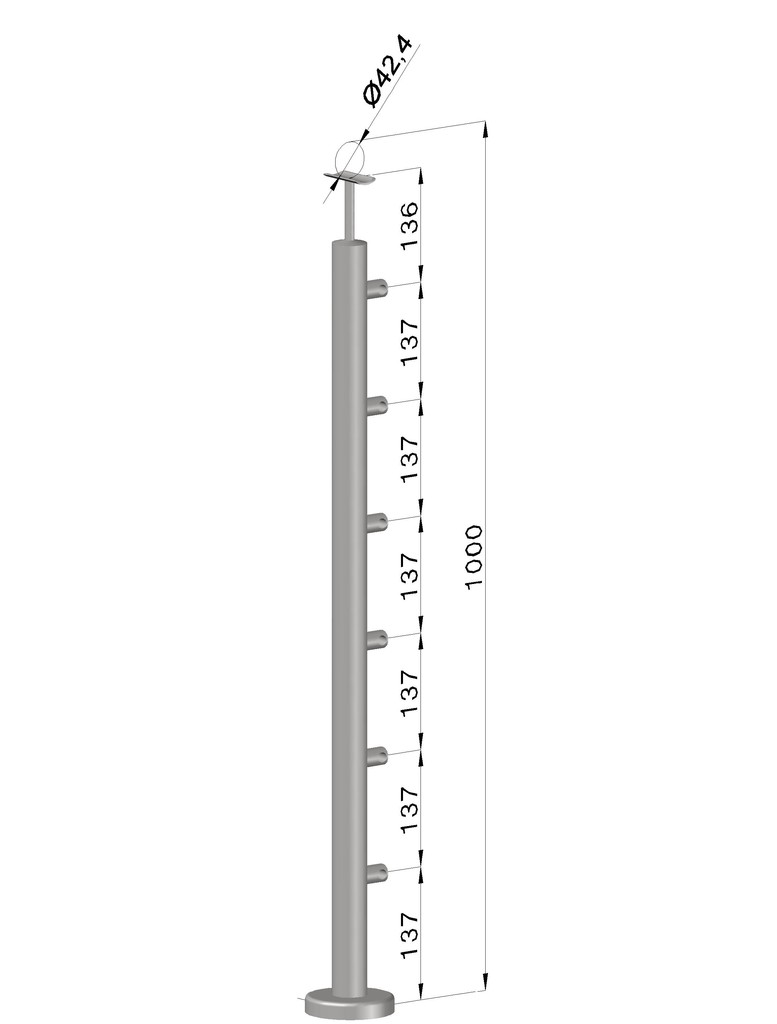 Nerezový sloup, vrchní kotvení, 6 řadový průchodný, vrch pevný (o42,4x2 mm), broušená nere