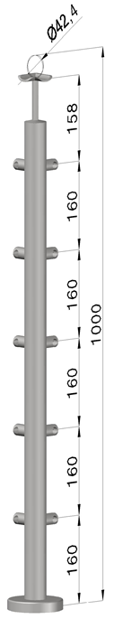 Nerezový sloup, vrchní kotvení, 5 řadový, rohový: 90°, vrch pevný (ø42,4x2 mm), broušená nerez K320 / AISI304