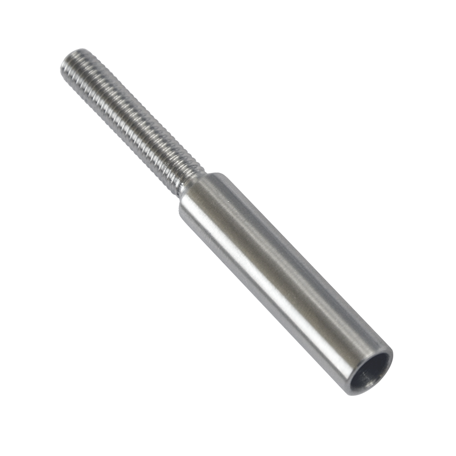 Úchyt (lepící) pro ocelové lanko ø 6 mm s vnějším závitem M6 x 30 mm, (ø 9 mm / L: 70 mm), broušená nerez K320 / AISI304