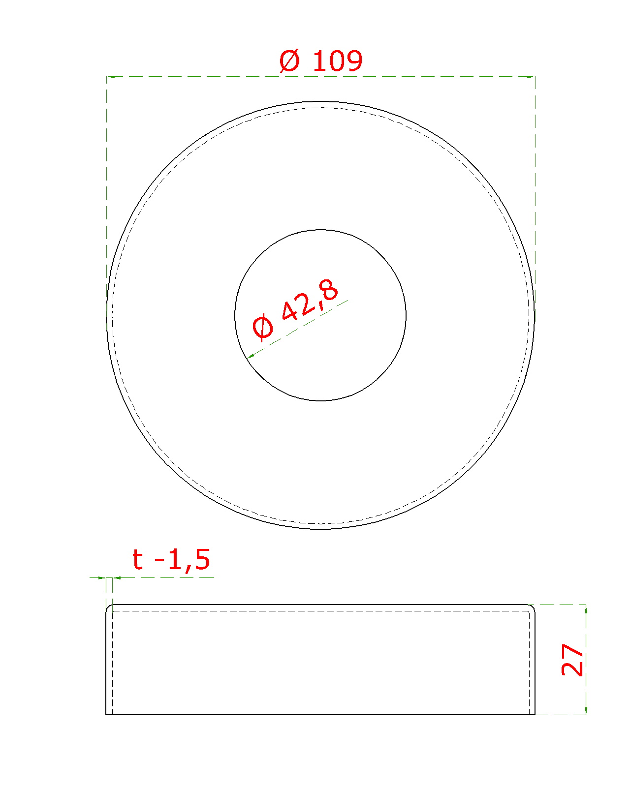 Kryt příruby (ø 109/27 mm) na trubku ø 42,4 mm (otvor ø 43 mm), broušená nerez K320 / AISI304