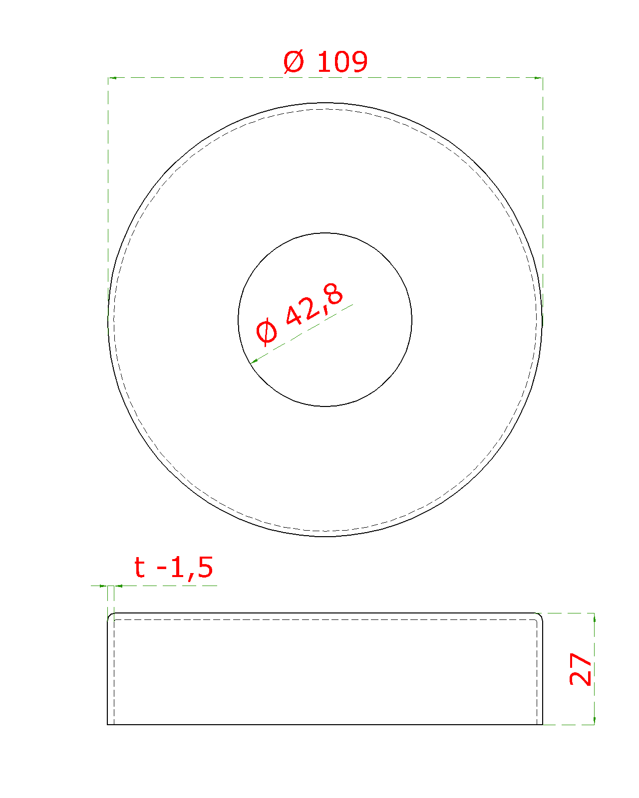 Kryt příruby (o 109/27 mm) na trubku o 42,4 mm (otvor o 43 mm), broušená nerez K320 / AISI (1)