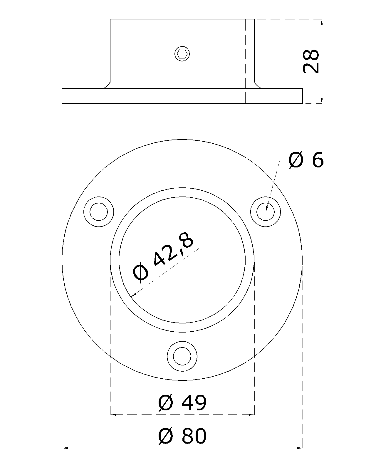 Příruba madla (80x25mm) na trubku ø 42.4mm, leštěná nerez / AISI304