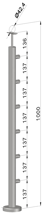 Nerezový sloup, vrchní kotvení, 6 řadový průchodný, vrch pevný (ø 42,4x2 mm), leštěná nerez / AISI304