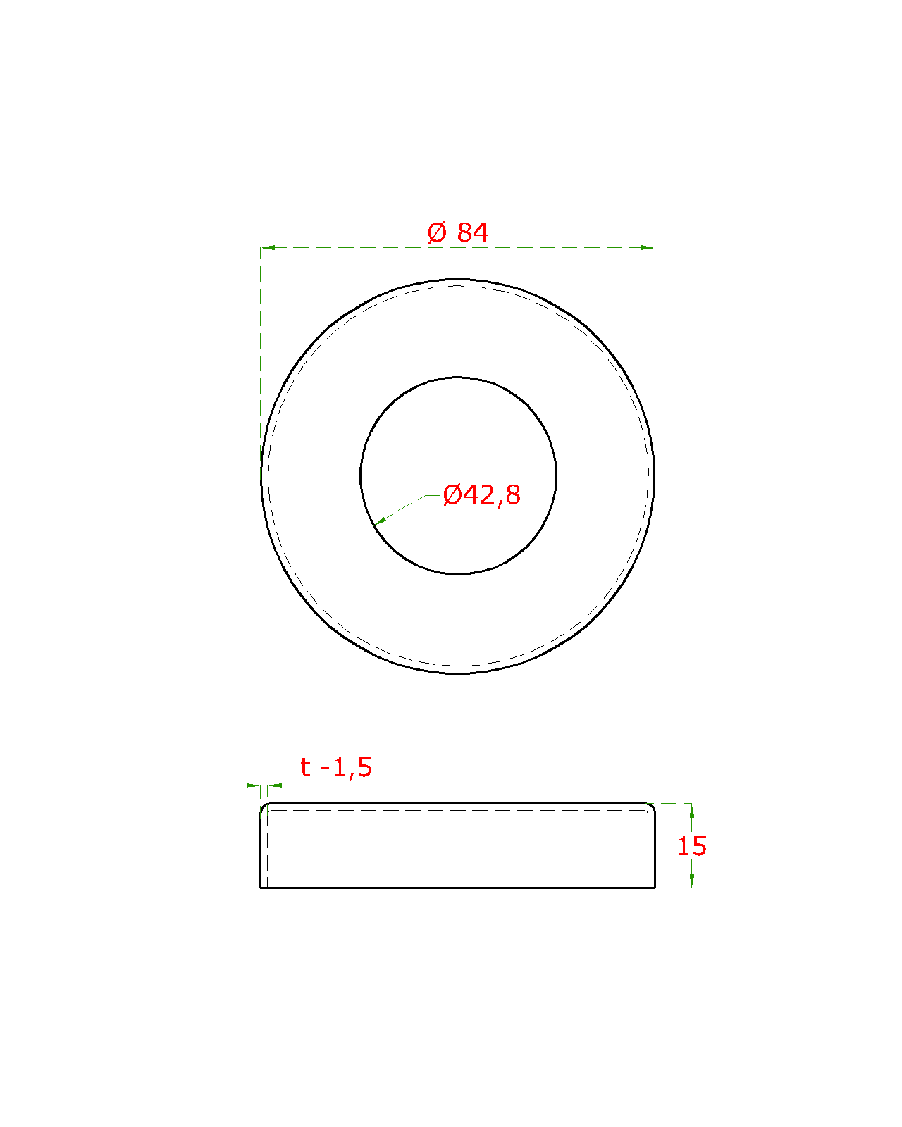 Kryt příruby (ø 84x15 mm) na trubku ø 42,4 mm (otvor ø 42,8 mm), nerez broušená K320 / AISI304