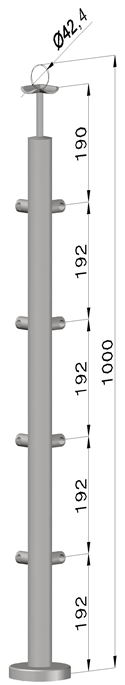 Nerezový sloup, vrchní kotvení, 4 řadový, rohový: 90°, vrch pevný (ø42,4x2 mm), broušená nerez K320 / AISI304