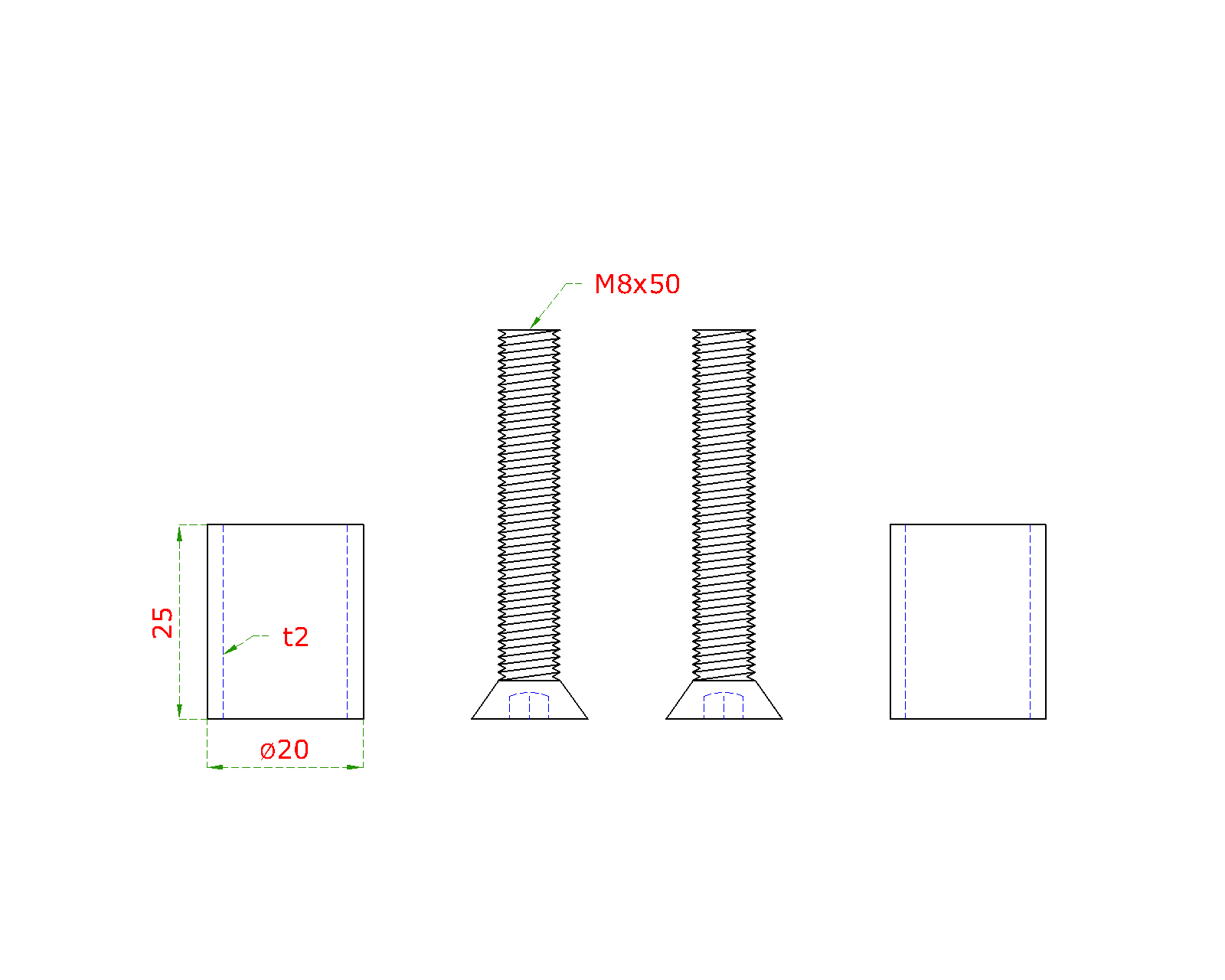 Přechod na vymezení vzdálenosti mezi sloupem (plochý) a kotevní deskou, ø 20x2,0 mm /L:25 mm, vnitřní šroub: M8x50 mm, broušená nerez K320 / AISI304, bal: 2ks