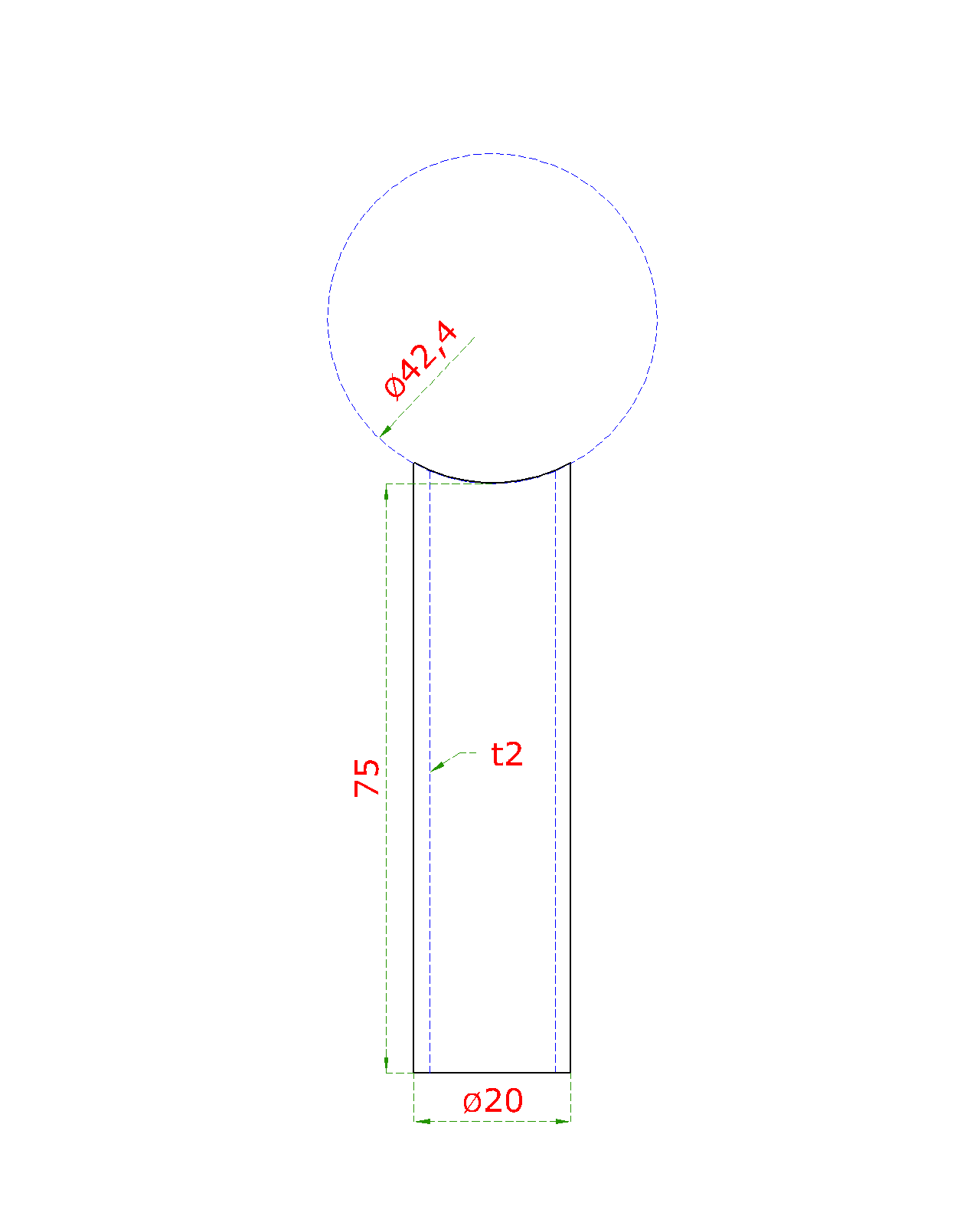 Přechod na vymezení vzdálenosti mezi sloupem ø 42,4 mm a kotevní deskou, ø 20x2,0 mm /L:75 mm, bez vnitřního šroubu, broušená nerez K320 / AISI304, bal: 1ks