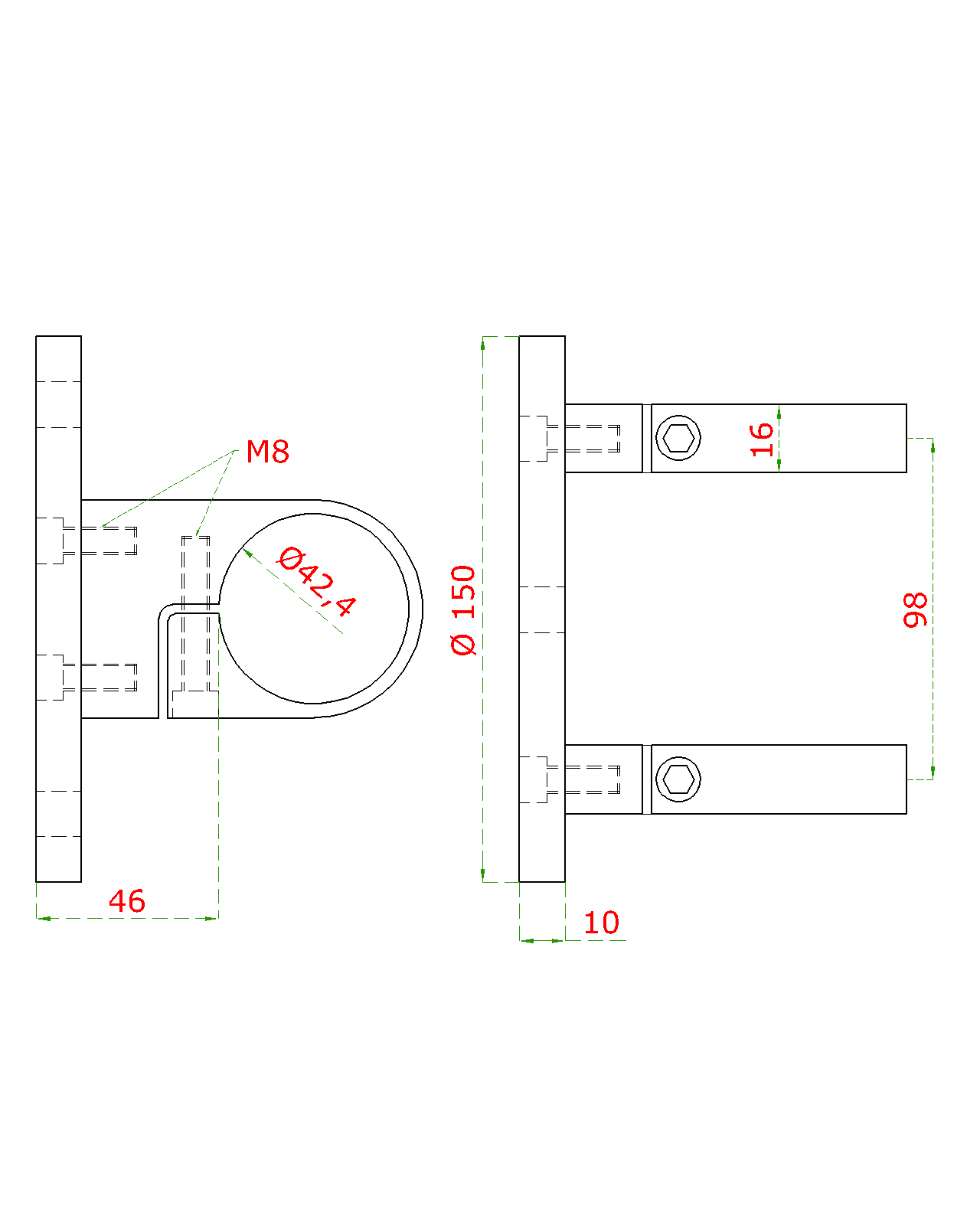 Úchyt na boční kotvení sloupu o 42,4 mm, (kotevní deska o 150/10 mm), broušená nerez K320 (1)