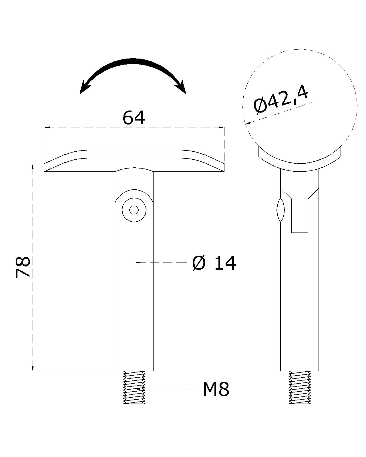 Držák madla s kloubem na trubku o 42,4 mm (78x64 mm / závit M8), nerez broušená K320 / AIS (1)