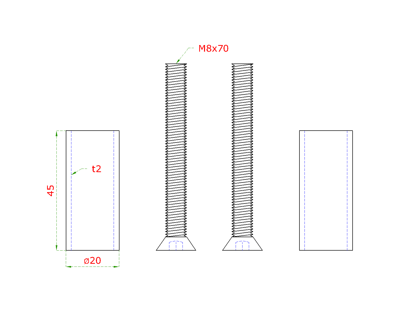 Přechod na vymezení vzdálenosti mezi sloupem (plochý) a kotevní deskou, ø 20x2,0 mm /L:45 mm, vnitřní šroub: M8x70 mm, broušená nerez K320 / AISI304, bal: 2ks