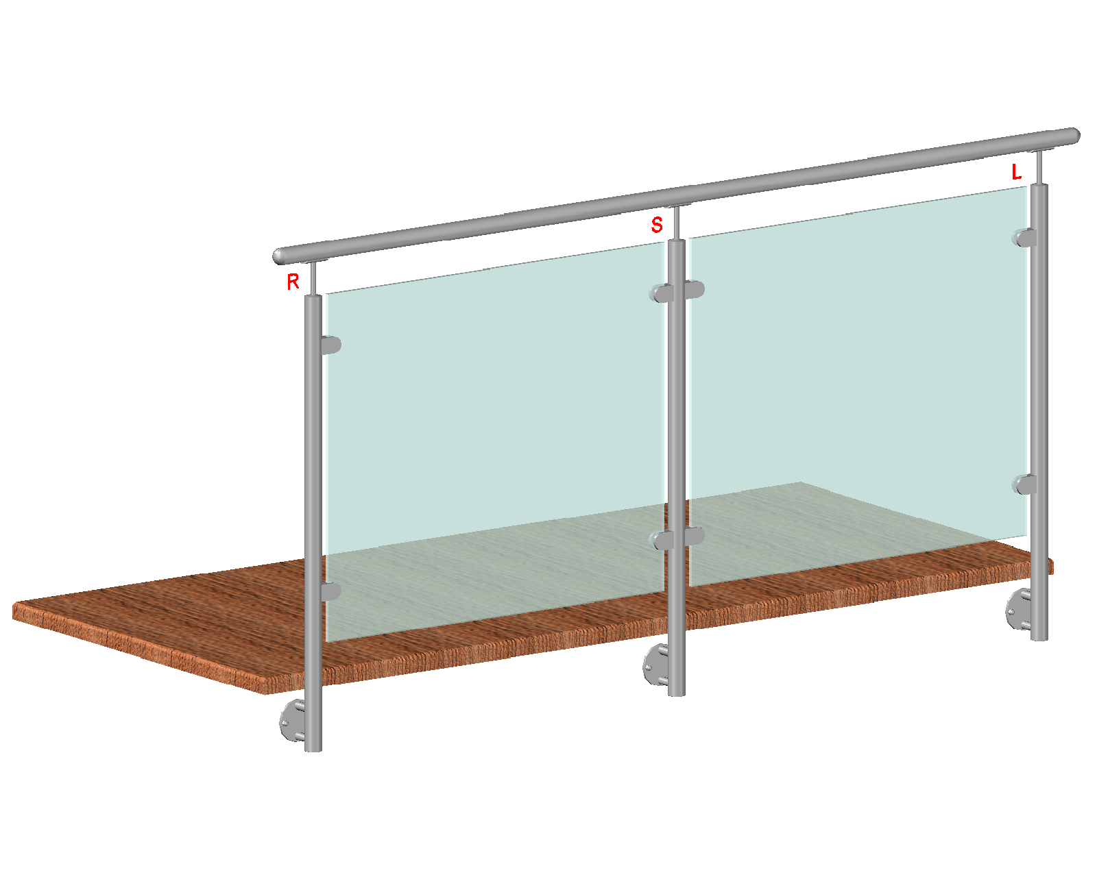 Nerezový sloup, boční kotvení, výplň: sklo, levý, vrch pevný (o 42,4x2 mm), broušená nerez (1)
