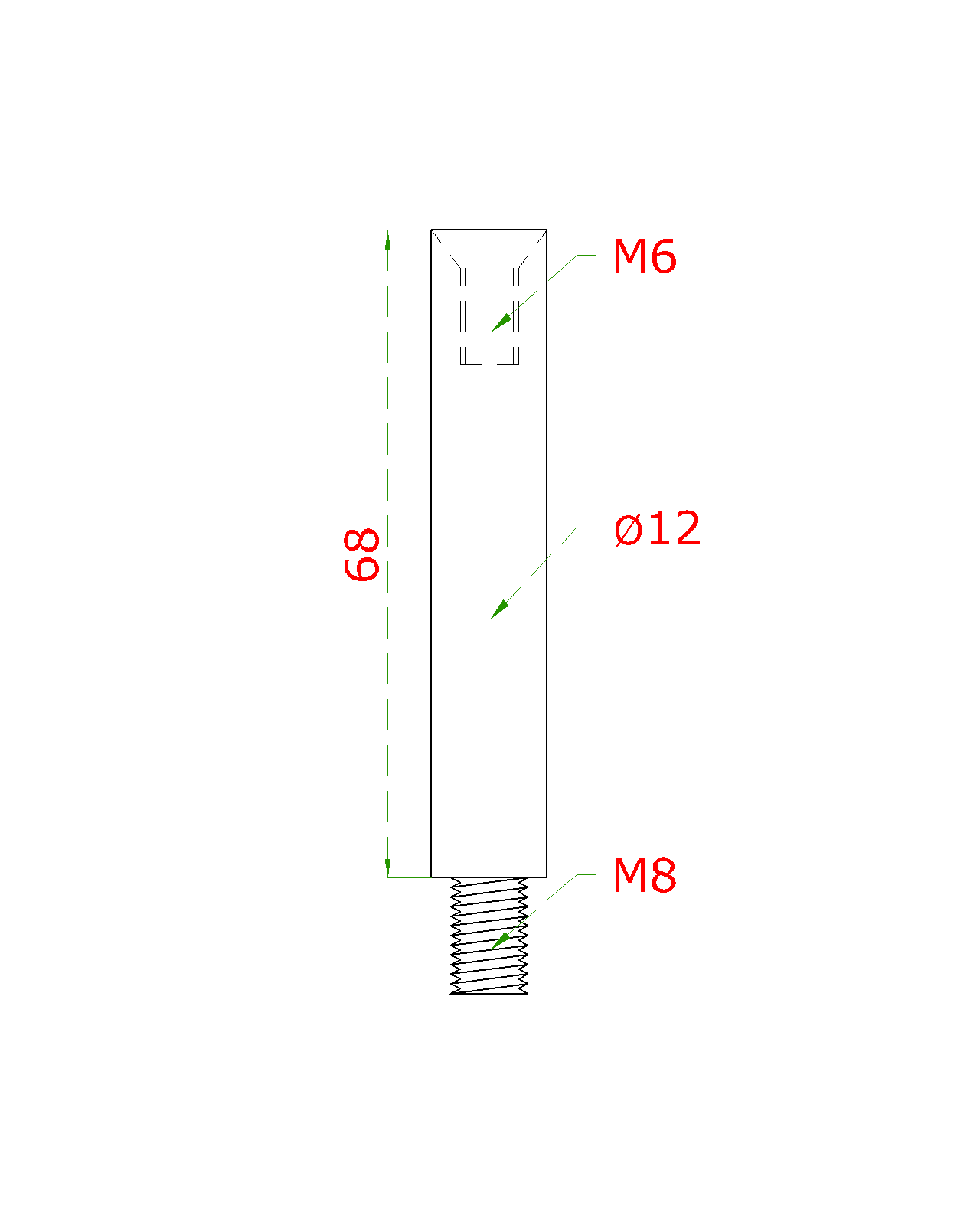 Čep (vnější závit M8 - vnitřní závit M6, ø 12 mm, L: 68 mm), broušená nerez K320 / AISI304
