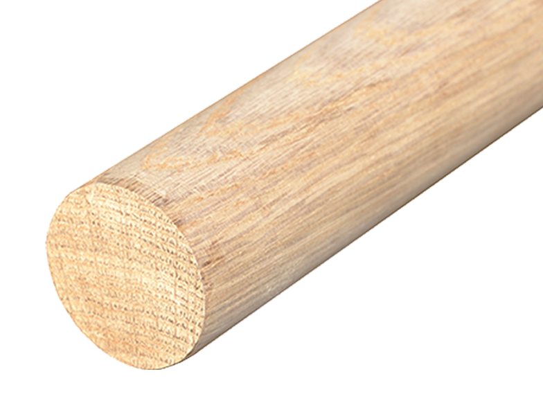 Dřevěný profil kulatý (ø 42 mm / L: 4000 mm), materiál: dub - cink napojovaný, broušený povrch bez nátěru, balení: PVC fólie
