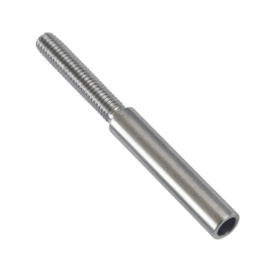 Úchyt (lepící) pro ocelové lanko ø 5 mm s vnějším pravotočivým závitem M6 x 30 mm, (ø 8 mm / L: 70 mm), broušená nerez K320 / AISI304