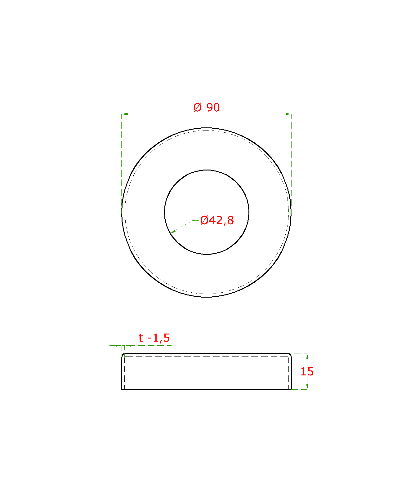 Kryt příruby (o 90 x 15mm) na trubku o 42,4 mm, otvor o 42,8 mm, broušená nerez K320 /AISI (1)