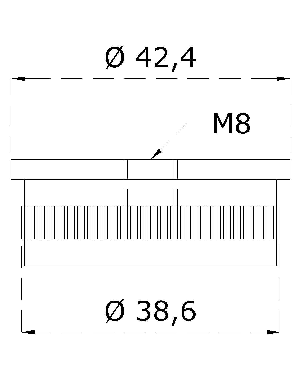 Spodek držáku madla (závit M8) na trubku o 42,4 mm, broušená nerez K320 / AISI304 (1)