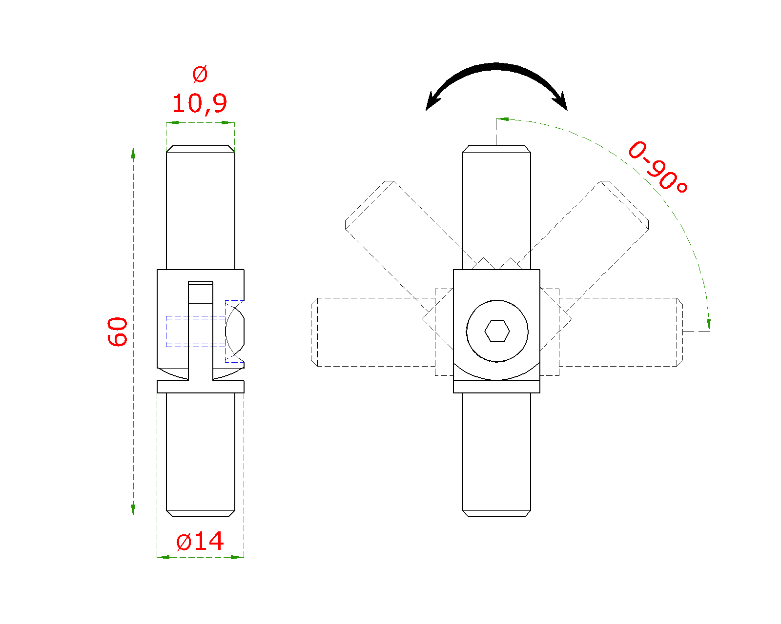 Spoj nastavitelný (0-100°) plný materiál, s kloubem, na trubku o 14 mm, broušená nerez K32 (1)