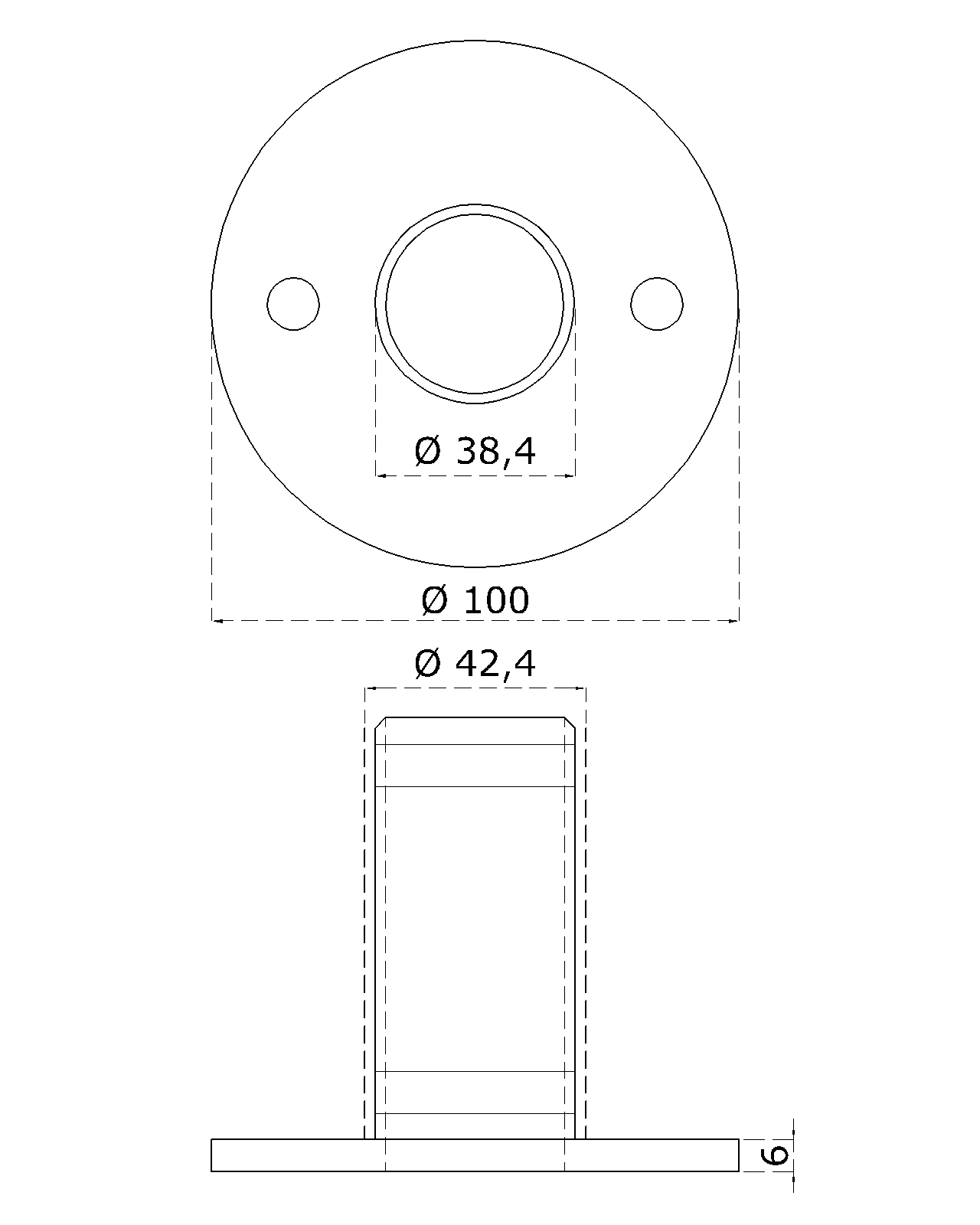 Kotevní deska (ø 100 mm) na trubku ø 42,4 mm, broušená nerez K320 / AISI304
