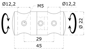 Držák tyčí ø 12/12 mm přechodný-otočný (45x22 mm), broušená nerez K320 / AISI304