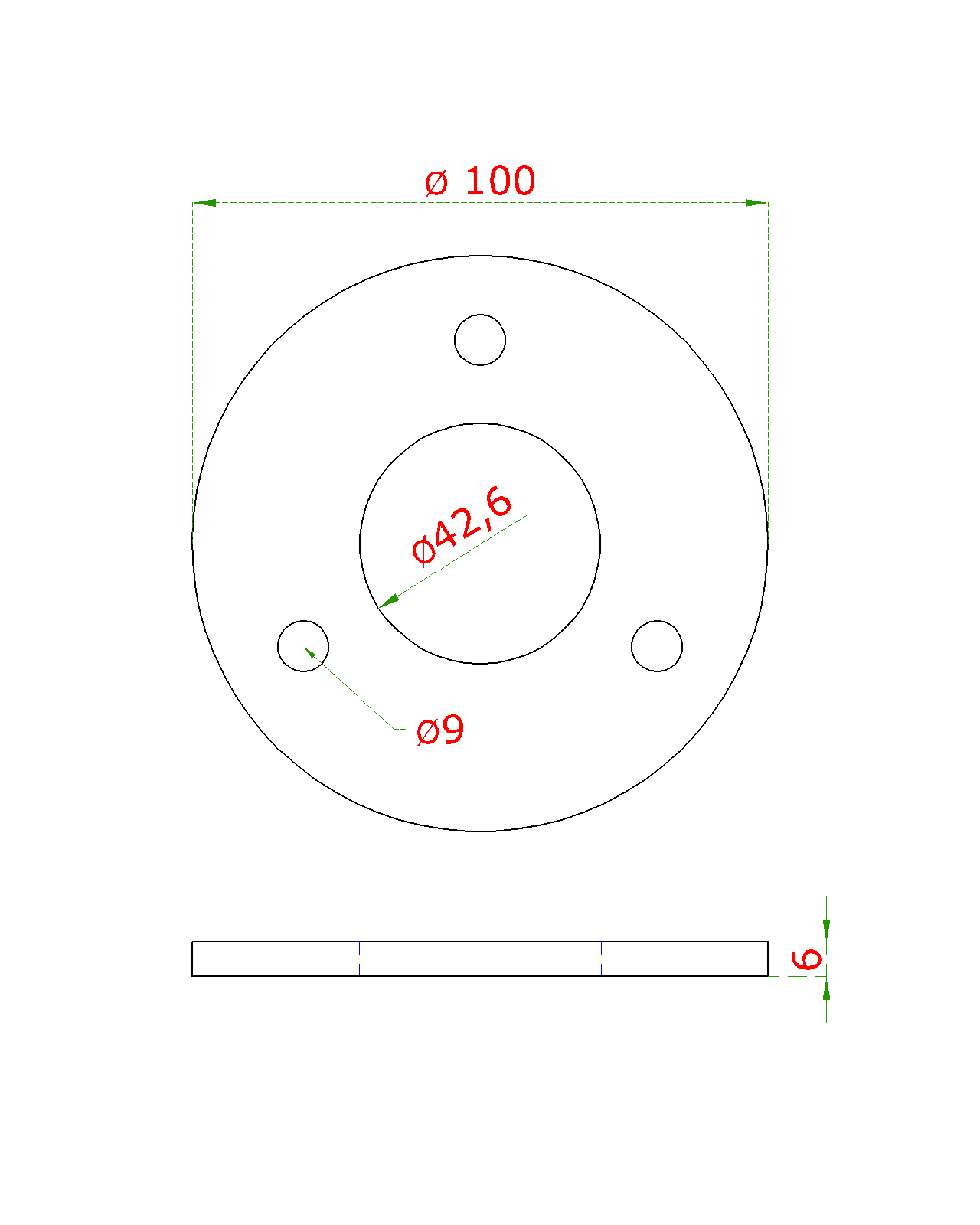 Kotevní plotna (ø 100x6 mm) na trubku ø 42,4 mm (otvor ø 42,6 mm), nerez broušená K320 / AISI304