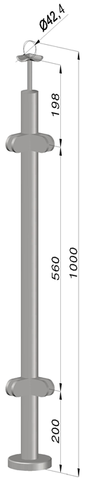 Nerezový sloup, vrchní kotvení, výplň: sklo, rohový: 90°, vrch pevný (ø 42,4x2 mm), leštěná nerez / AISI304