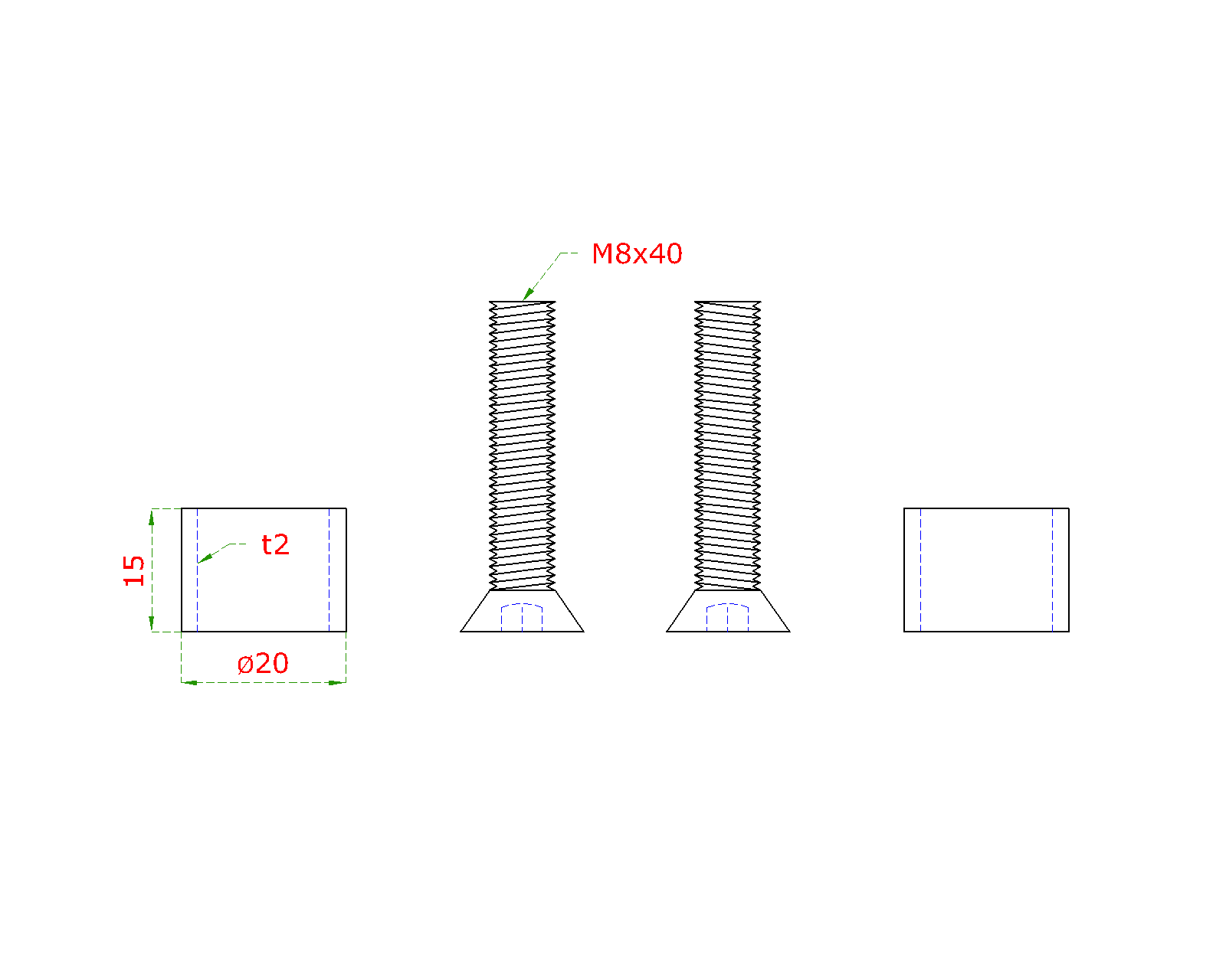 Přechod na vymezení vzdálenosti mezi sloupem (plochý) a kotevní deskou, ø 20x2,0 mm /L:15 mm, vnitřní šroub: M8x40 mm, broušená nerez K320 / AISI304, bal: 2ks