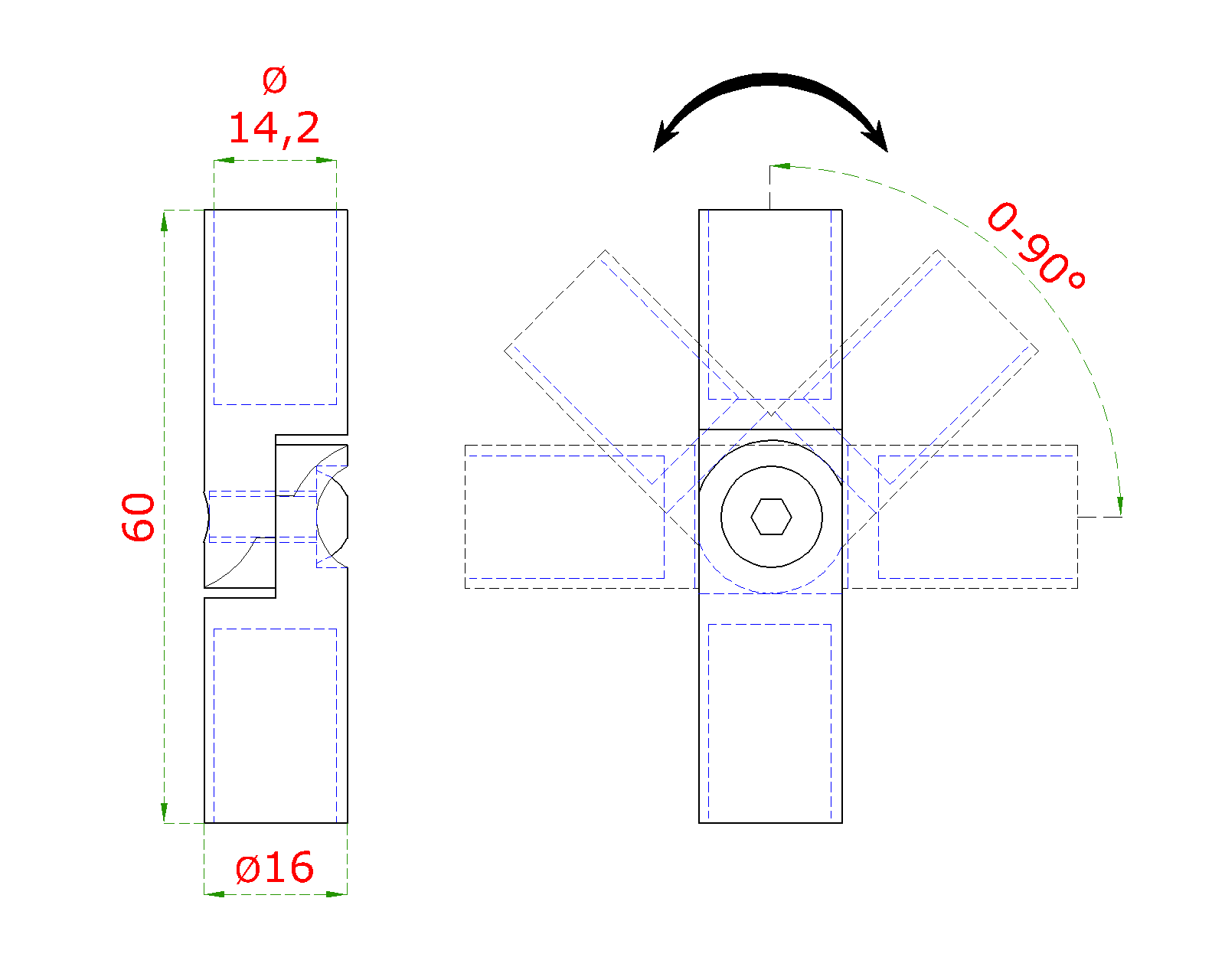 Spoj nastavitelný o 14 mm (0-100 °) s kloubem, broušená nerez K320 / AISI30 (1)