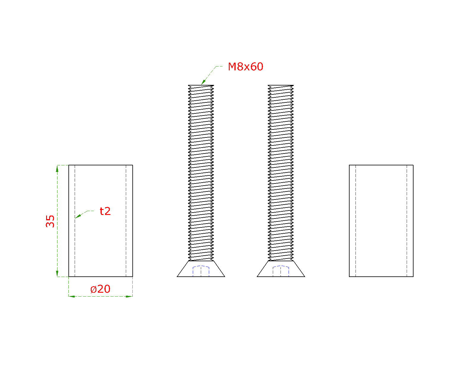 Přechod na vymezení vzdálenosti mezi sloupem (plochý) a kotevní deskou, ø 20x2,0 mm /L:35 mm, vnitřní šroub: M8x60 mm, broušená nerez K320 / AISI304, bal: 2ks