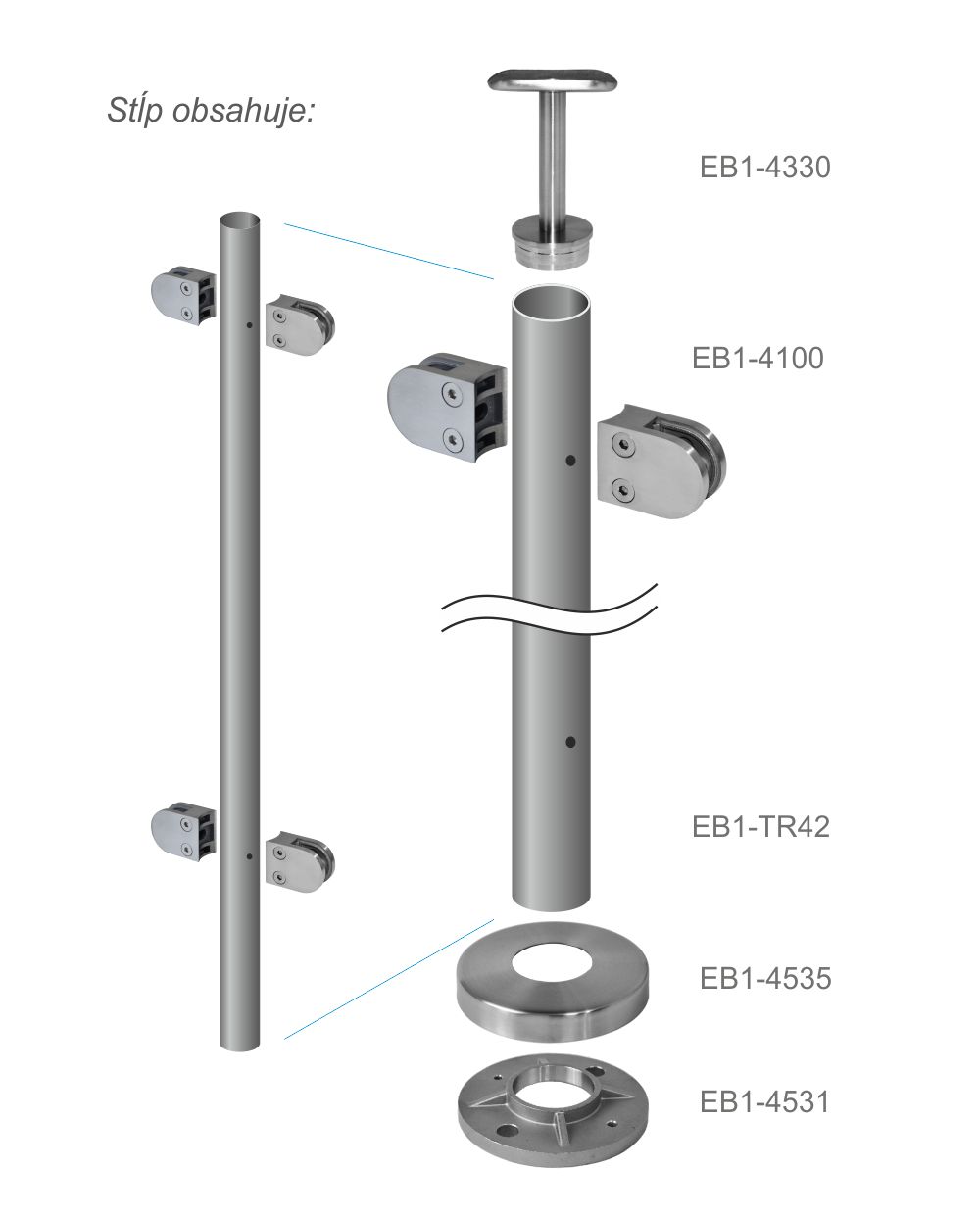 Nerezový sloup, vrchní kotvení, výplň: sklo, průchozí, vrch pevný (o42,4x2 mm), broušená n (3)