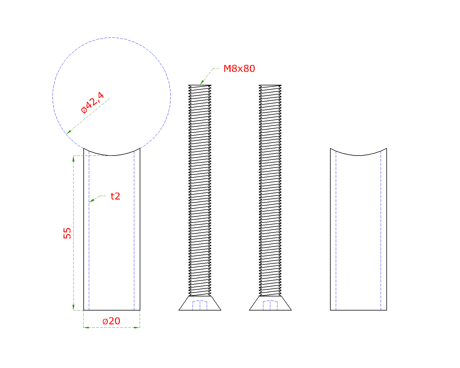 Přechod na vymezení vzdálenosti mezi sloupem ø 42,4 mm a kotevní deskou, ø 20x2,0 mm /L:55 mm, vnitřní šroub: M8x80 mm, broušená nerez K320 / AISI304, bal: 2ks