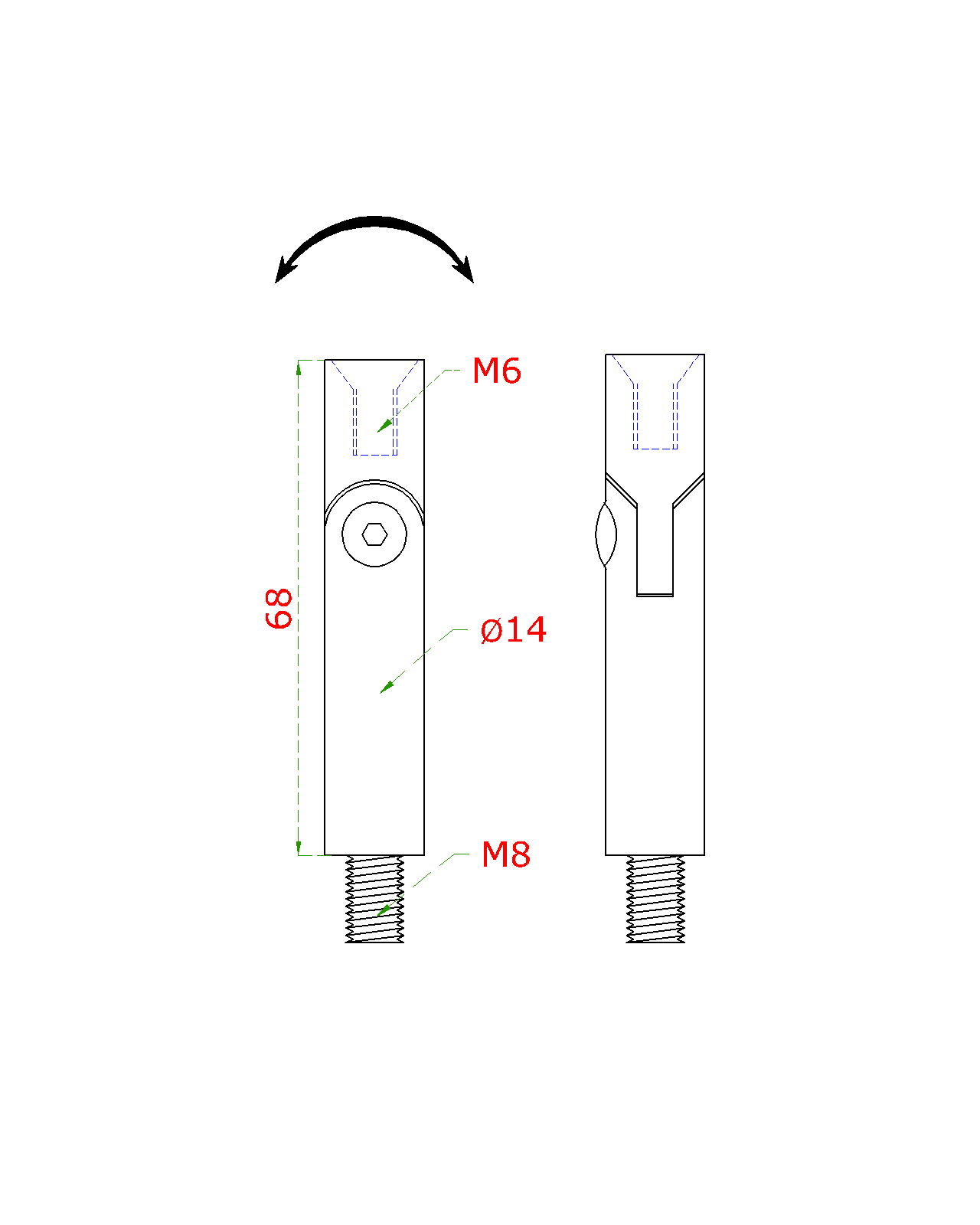 Čep s kloubem (vnější závit M8-vnitřní závit M6, ø 14 mm, L: 68 mm), broušená nerez K320 / AISI304