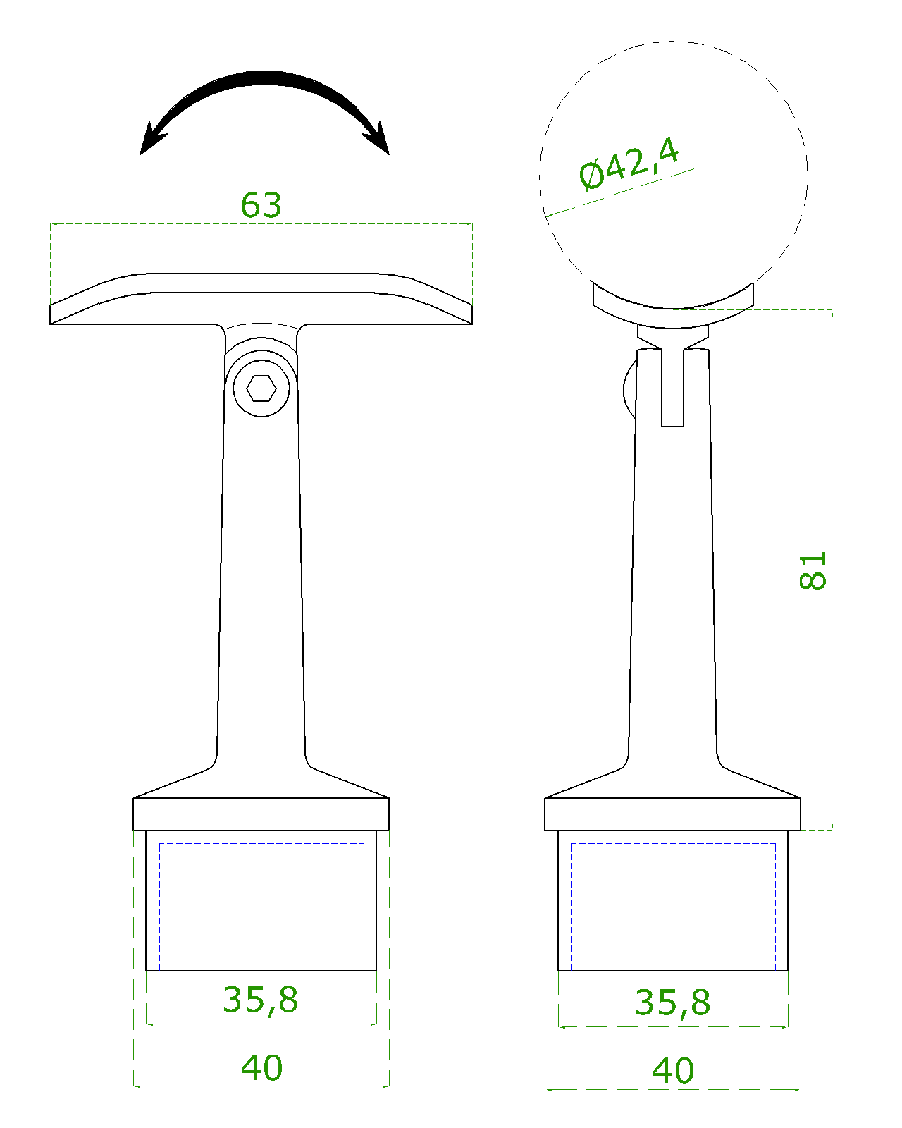 Držák madla s kloubem, na madlo trubku o 42,4 mm (63x81 mm), broušená nerez K320 / AISI304 (1)